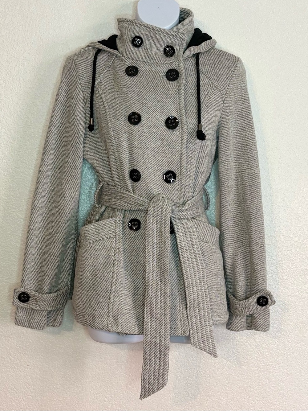 Sebby Light Gray Double-Breasted Hooded Pea Coat with Belt